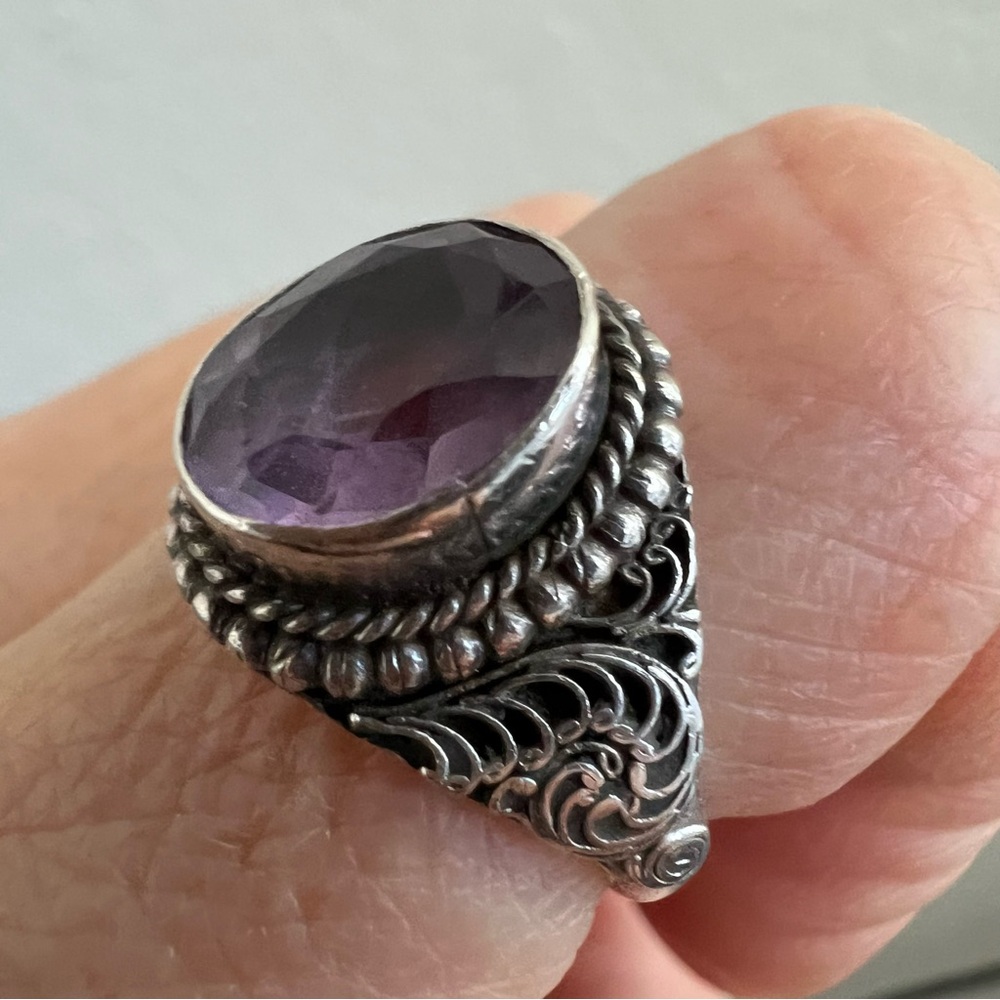 Sterling Silver Cocktail Ring with Faceted Amethyst Stone Size 6